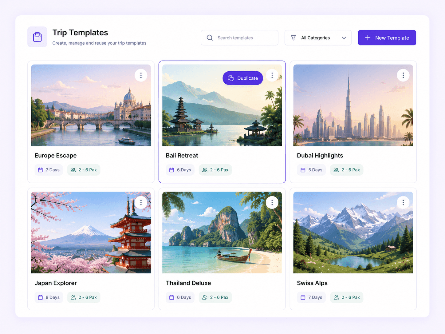 The trip template library: reusable trips shown as cards with a photo, duration and passenger range, each one duplicable as the starting point for a new itinerary