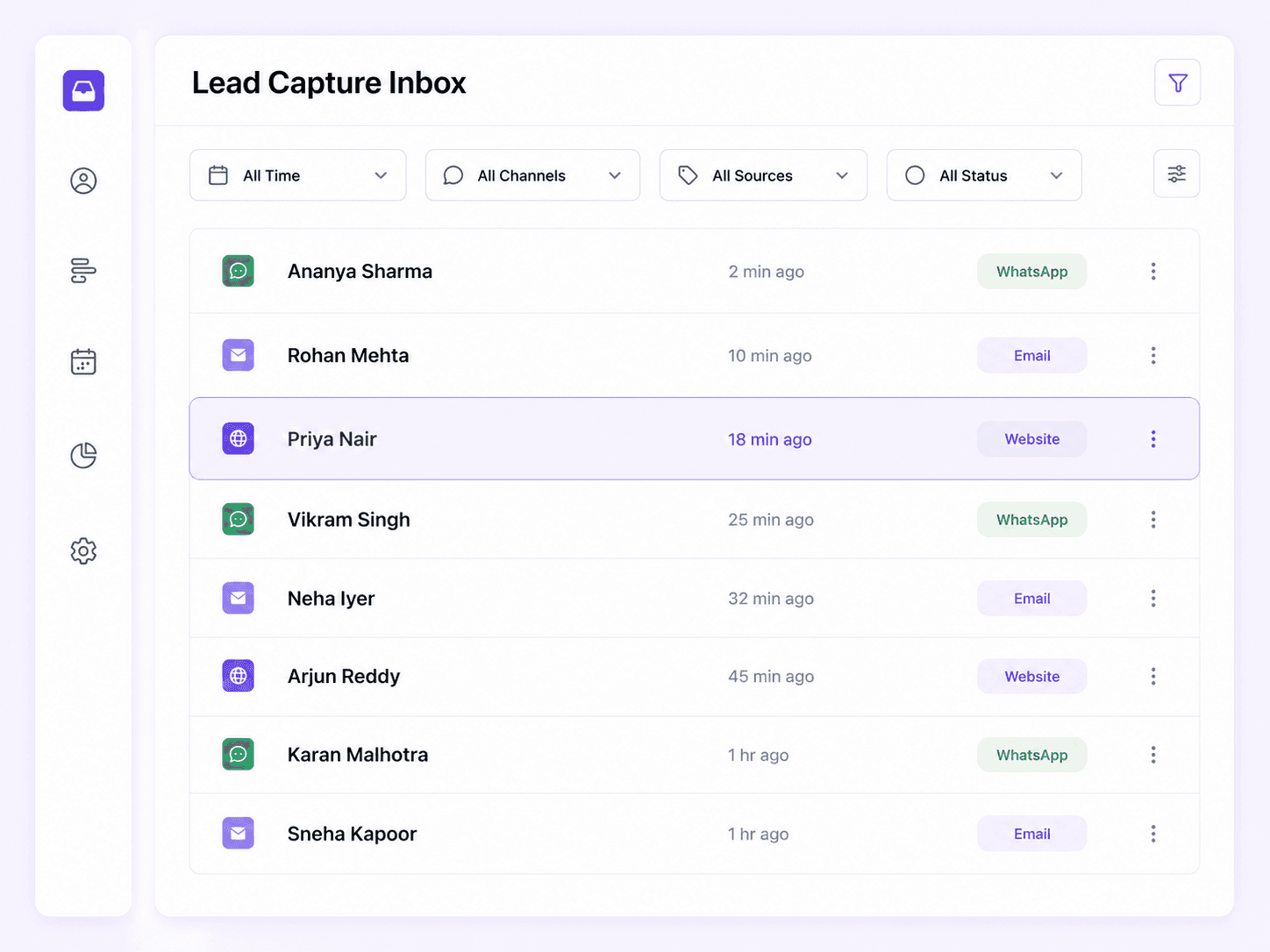 The lead capture inbox: incoming enquiries listed with the channel each arrived on — WhatsApp, email or website — and how long ago