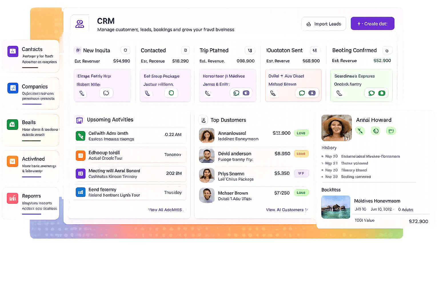 The TouringTour CRM dashboard: pipeline stages with estimated revenue, upcoming activities, top customers and a traveller profile